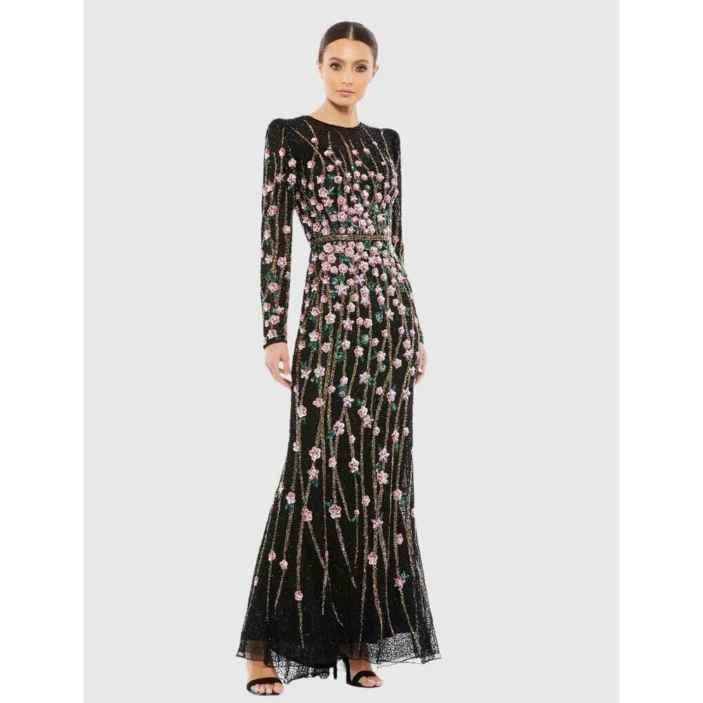 Mac Duggal Floral Embellished Sequinced Mesh Gown High Neck Sheer Size 10 NWOT